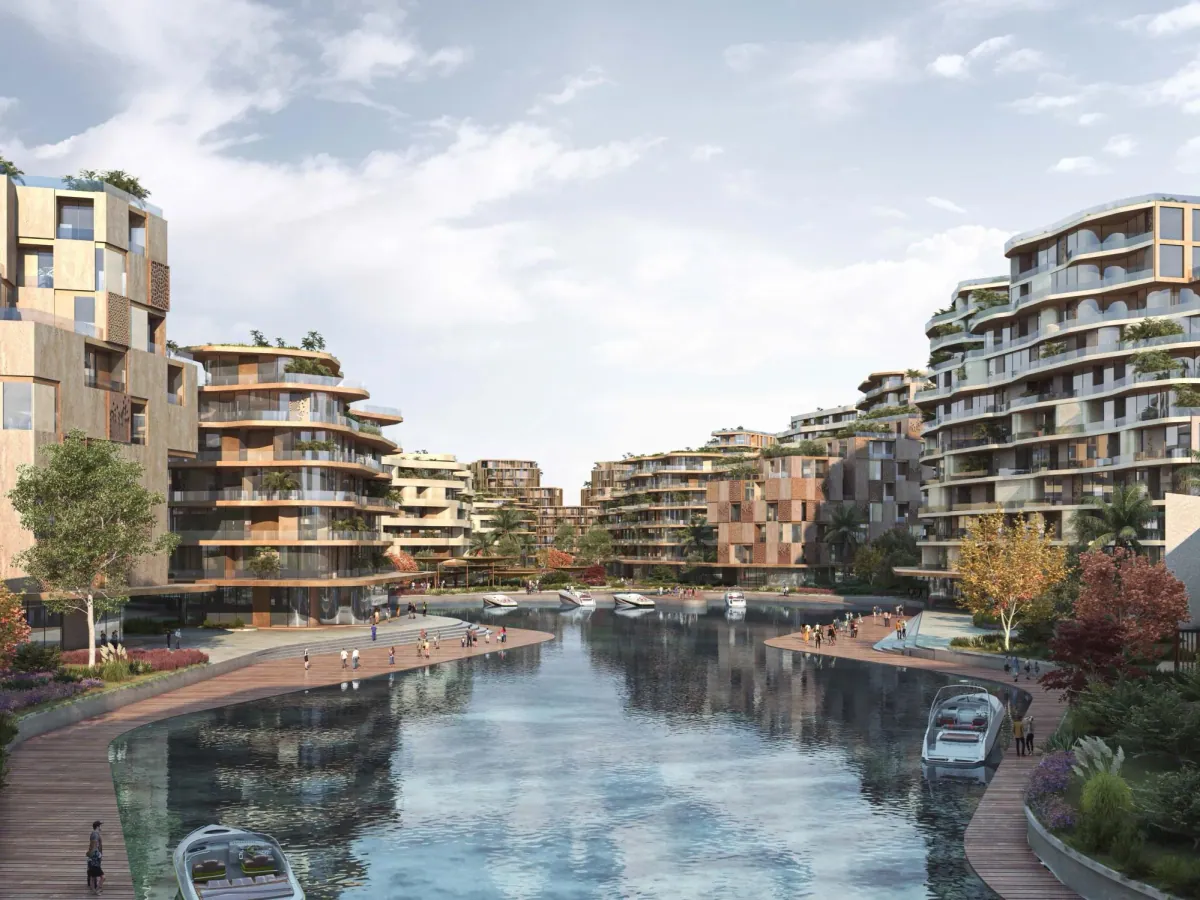 The WADI Yas Island - render of navigable canal with water-taxi and waterfront residential towers, Yas Canal Abu Dhabi