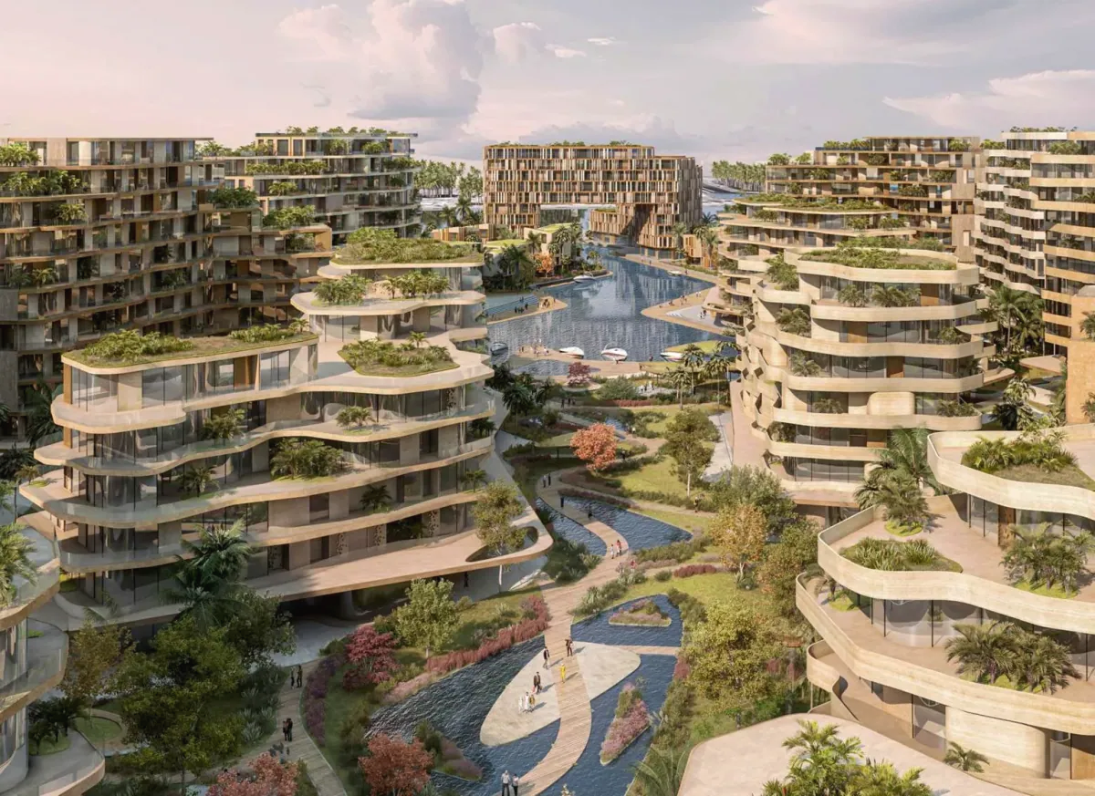The WADI Yas Island aerial masterplan view with landscaped residential towers and central canal